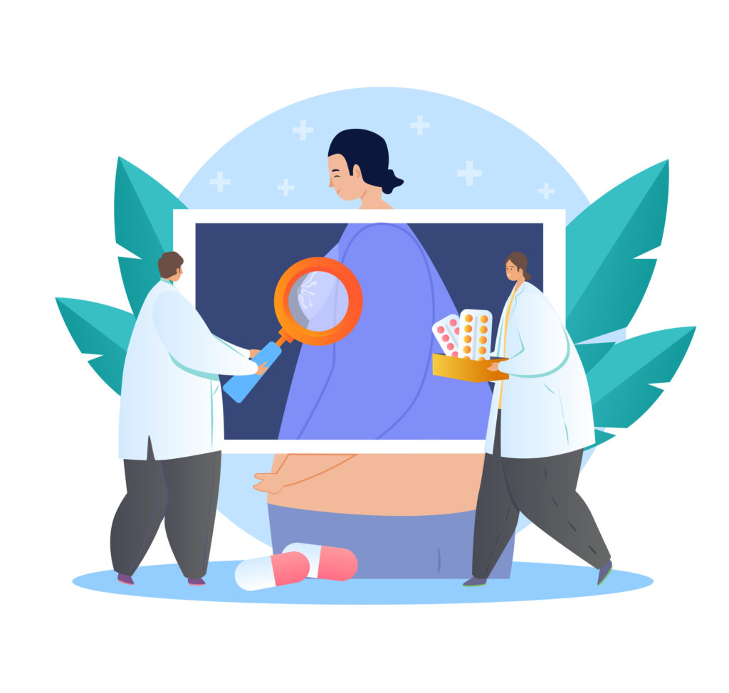 Mammologist concept. Consultation with doctor about breast disease. Breast screening and mammography, diagnostic of oncology. Doctors conduct diagnostics and consultation. Flat vector illustration